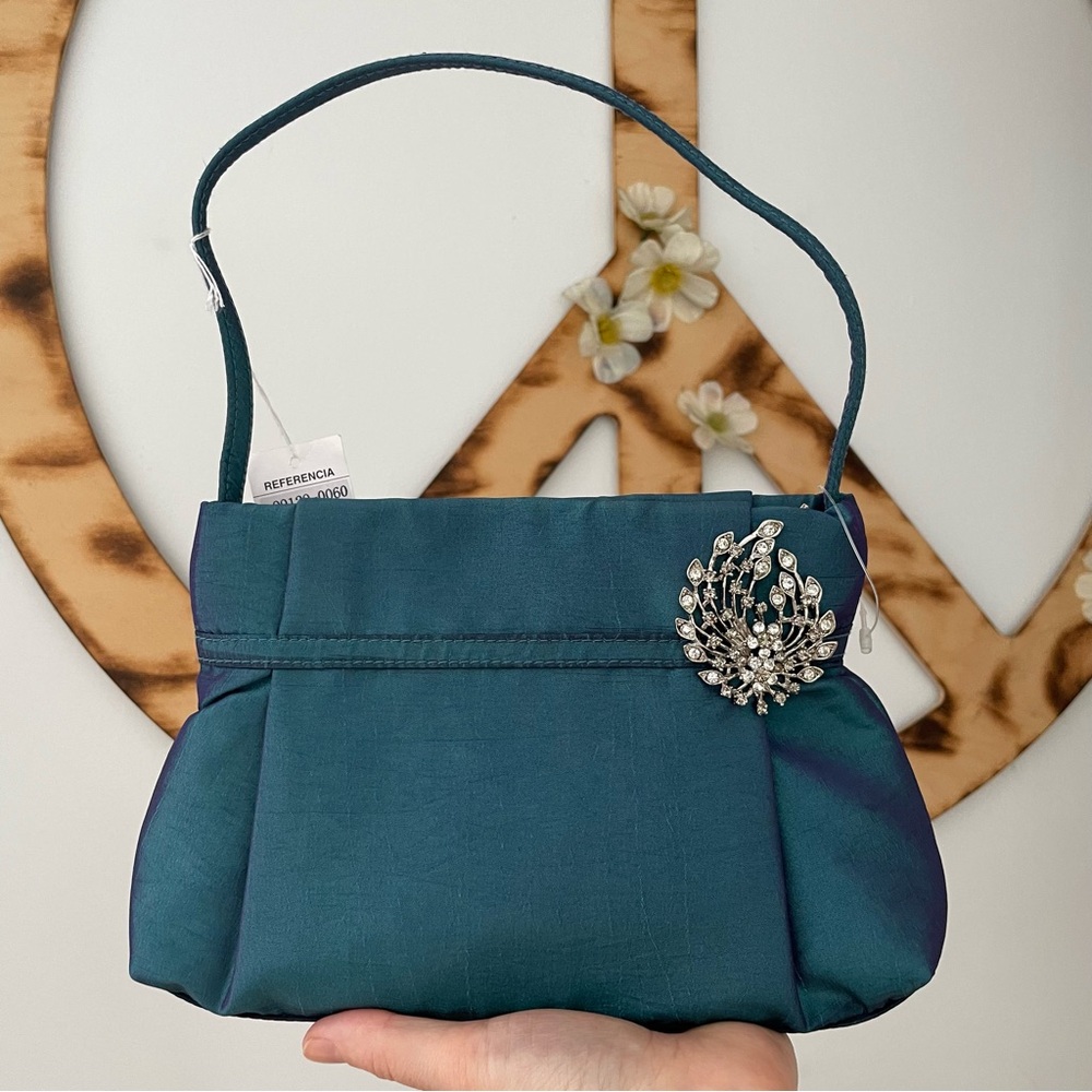 Iridescent Teal Taffeta Evening Special Occassion Bag With Silver Brooch
